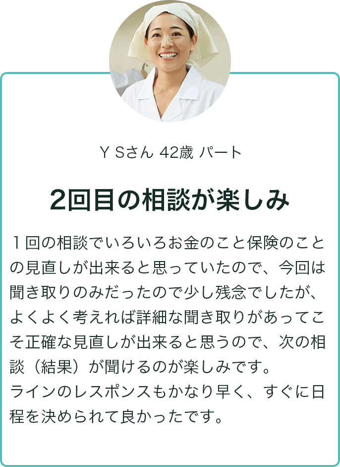 Y.Sさん 42歳 パート 2回目の相談が楽しみ 1回の相談でいろいろお金のこと保険のことの見直しが出来ると思っていたので、今回は聞き取りのみだったので少し残念でしたが、よくよく考えてみれば詳細な聞き取りがあってこと正確な見直しが出来ると思うので、次の相談（結果）が聞けるのが楽しみです。ラインのレスポンスもかなり早く、すぐに日程を決められて良かったです。